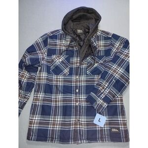 Eddie Bauer Mens Hooded Shirt Jacket Blue Plaid Quilted Lined EB009090 NEW